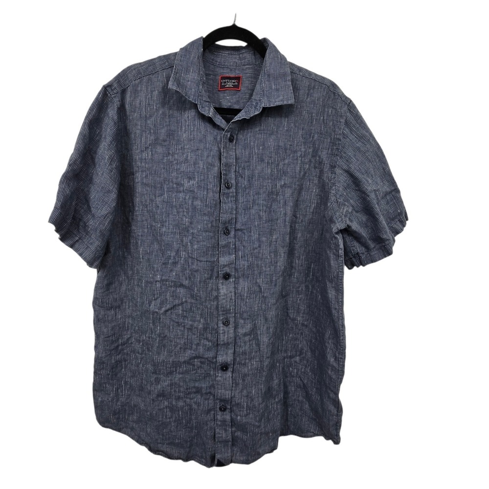 UNTUCKit Canon 100% Linen Button Up Shirt Mens XL Slim Blue Striped Short Sleeve